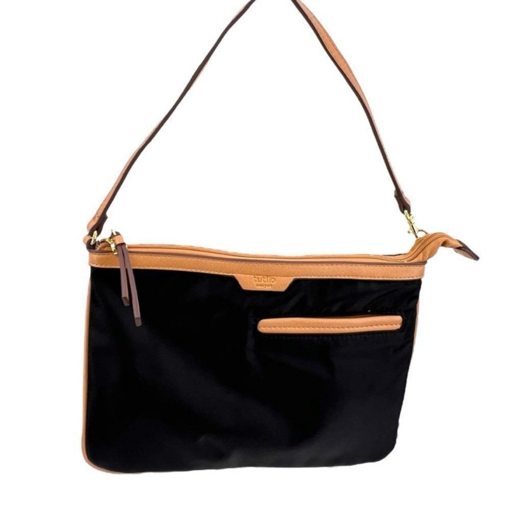 Tutilo New York black nylon crossbody bag with tan leather trim
